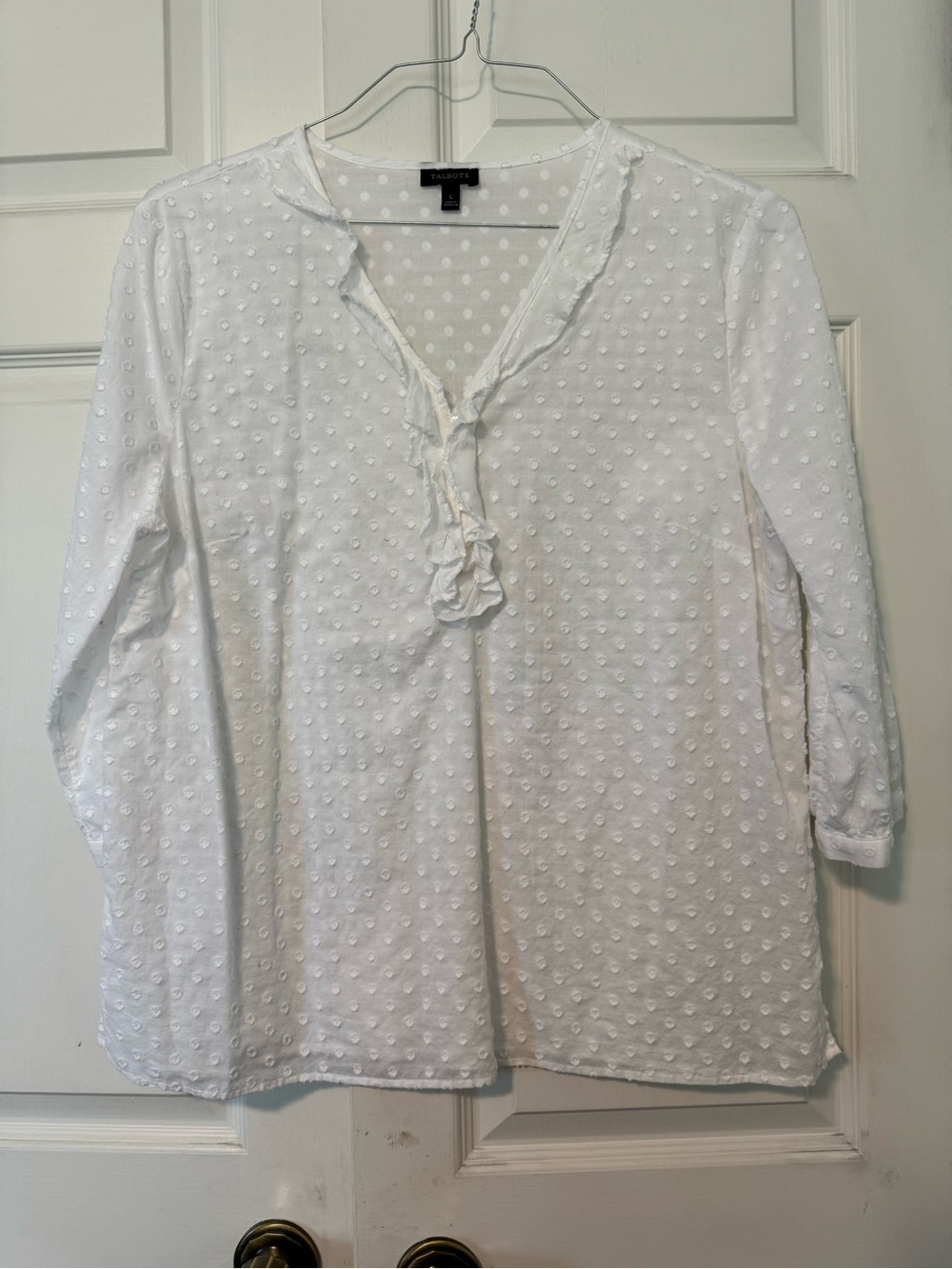 Talbots White Swiss Dot Ruffle V-Neck Blouse M